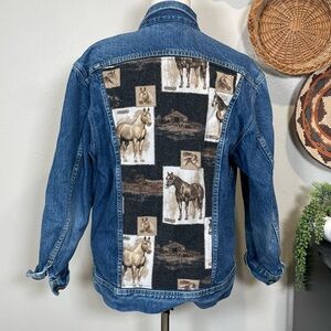 Upcycled VTG Ms Lee Jean Jacket Western Horses Flannel Accents Size 13/14 Medium